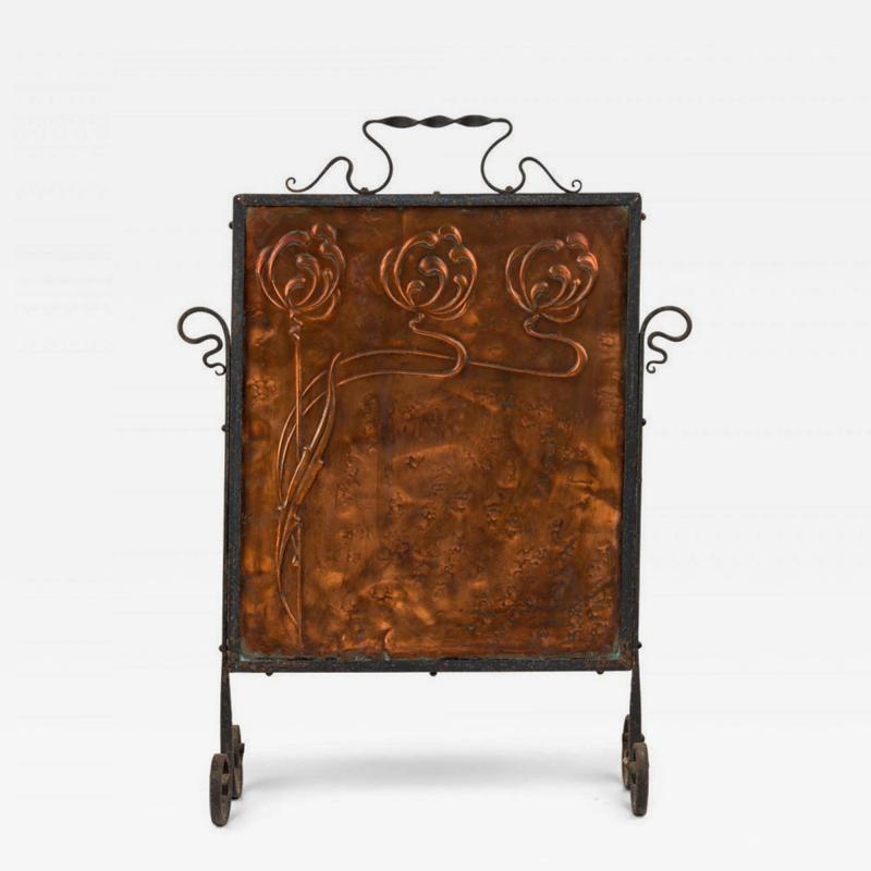 English Arts Crafts Style Wrought Iron and Pressed Copper Fire Screen