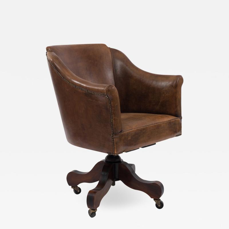 English Brown Leather Swivel Chair