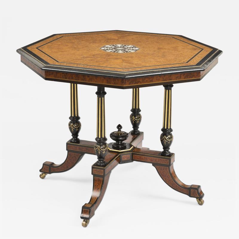 English Burl Elm Ebonized Inlaid Center Table Circa 1860