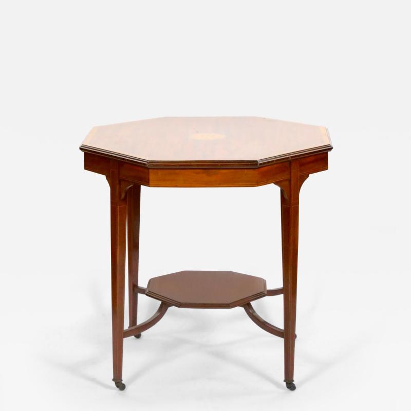 English Burl Mahogany Hexagonal Shape Inlay Decorated Top Center Table