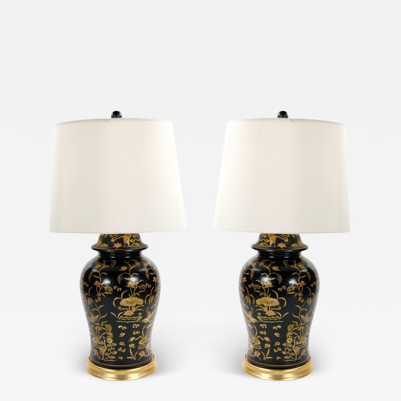 English Chinoiserie Style Black Lacquered Porcelain Gilt Wood Table Lamp