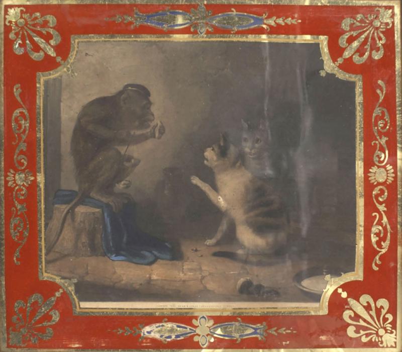 English Country Monkey and Cats Lithograph