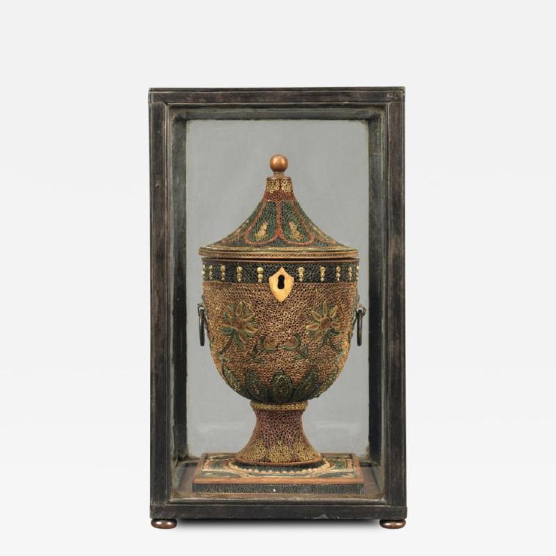 English Decorated Rolled Paper Tea Caddy in its Original Chinese Display Case