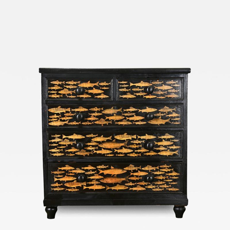 English Ebonized Fish Motif Decoupage Chest