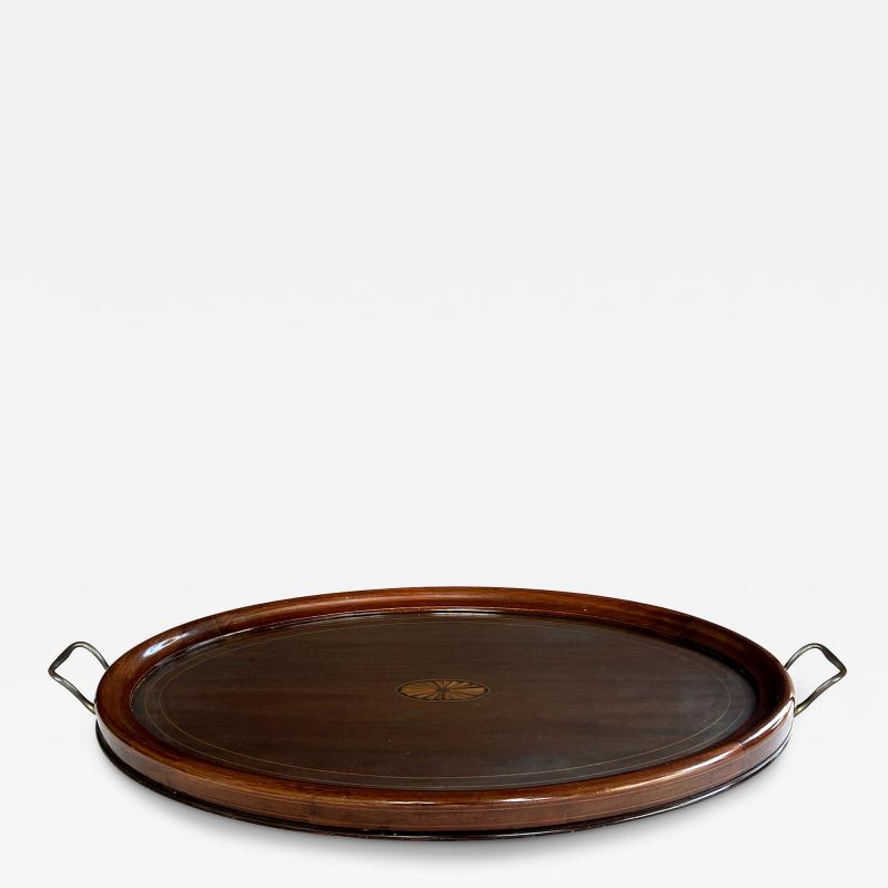 English Edwardian Mahogany Inlaid Serving Butlers Tray with Shell Motif