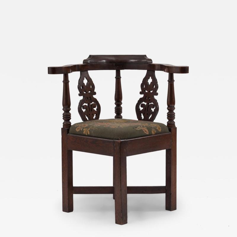 English Georgian Style Filigree Oak and Needlepoint Corner Armchair
