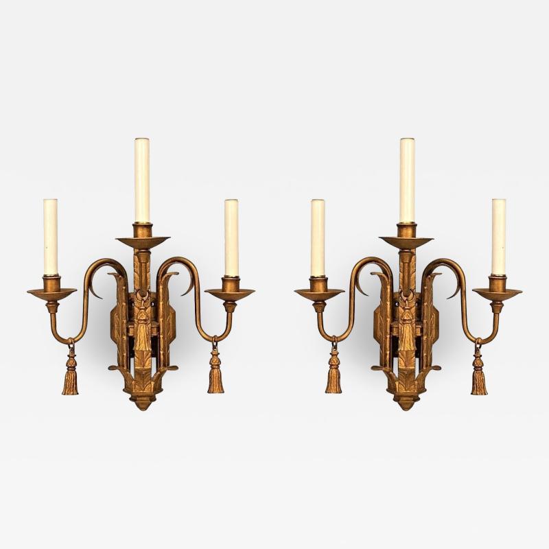 English Georgian Style Gold Painted Iron Tassel and Plume Wall Sconces