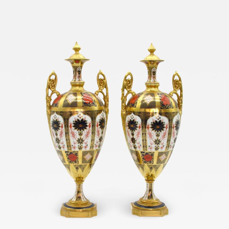 English Gilt Painted Royal Crown Derby Vases Urns