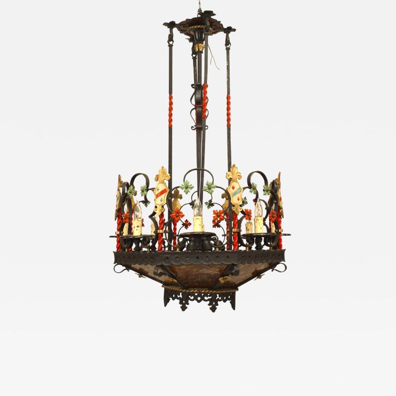 English Gothic Revival Style 1920s Wrought Iron 8 Light Chandelier