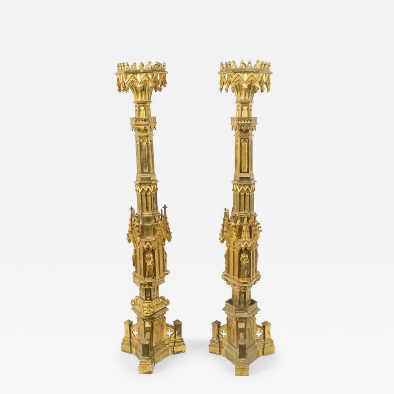 English Gothic Style Bronze Dore Altar Candlesticks