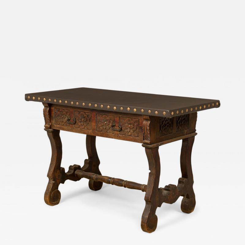 English Jacobean Style Carved Mahogany Leather Top Console Table