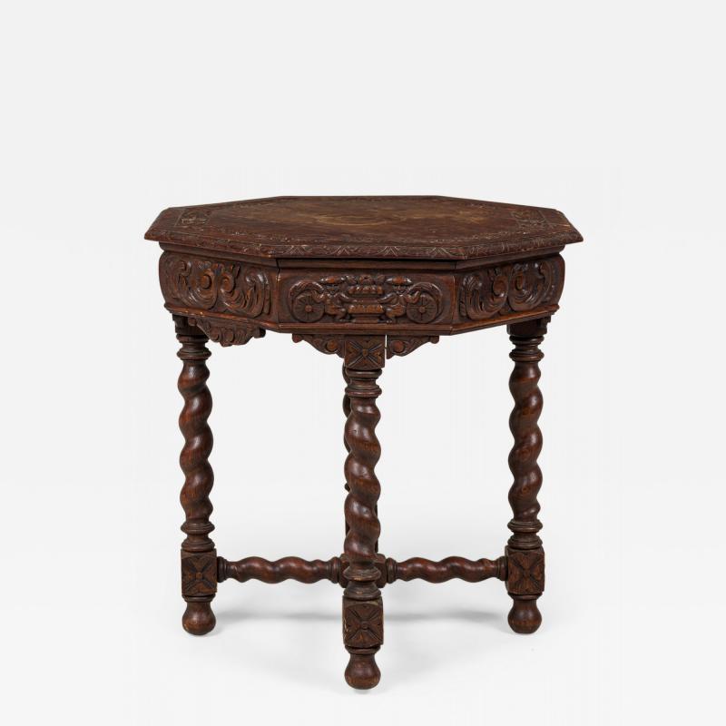 English Jacobean Style Carved Spiral Turned Leg Octagonal Occasional Side Tabl