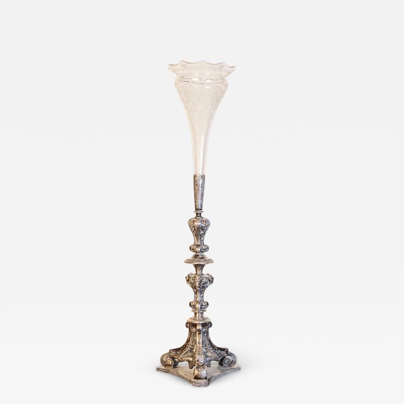 English Late Victorian Epergne with Silver Base and Crystal Vase 19th Century