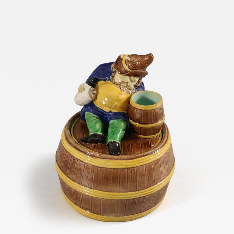 English Majolica Dwarf on Barrel Jar And Cover