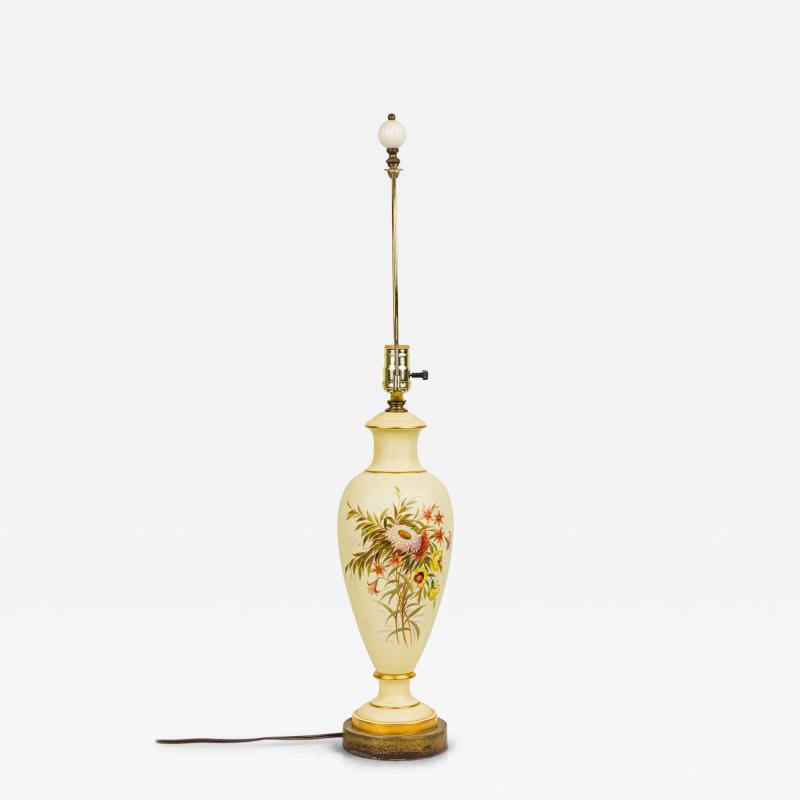 English Mid Century Beige Ceramic and Brass Floral Design Table Lamp