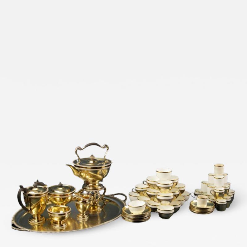 English Monumental Gilt Sterling Silver Tea Set with Tray Cups and Saucers