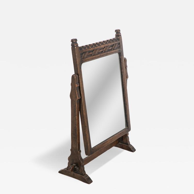 English Oak Gothic Style Dressing Table Mirror with Castellated Top