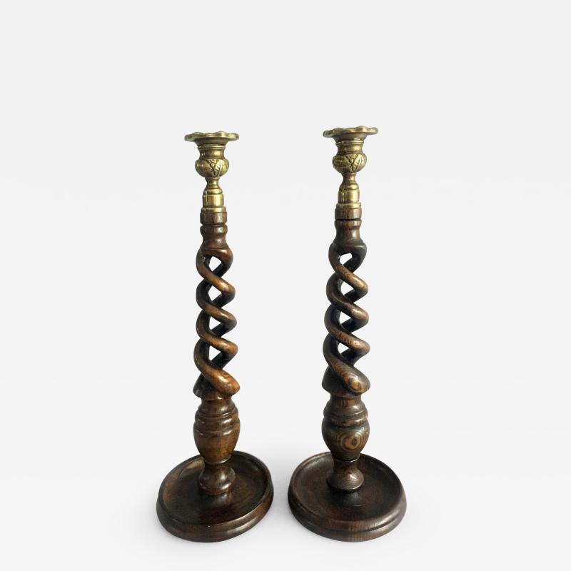 English Oak Open Barley Twist Candlesticks a Pair