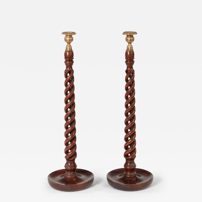 English Open Twist Oak Candlesticks