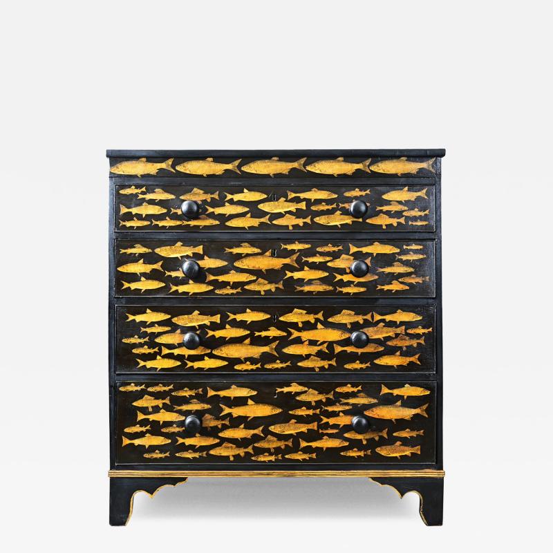 English Painted Chest with Fish Decoupage