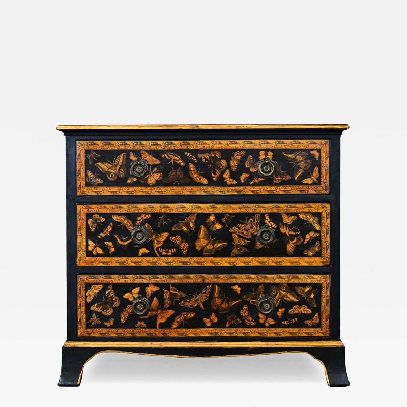 English Painted Pine Chest of Drawers with Moth Decoupage