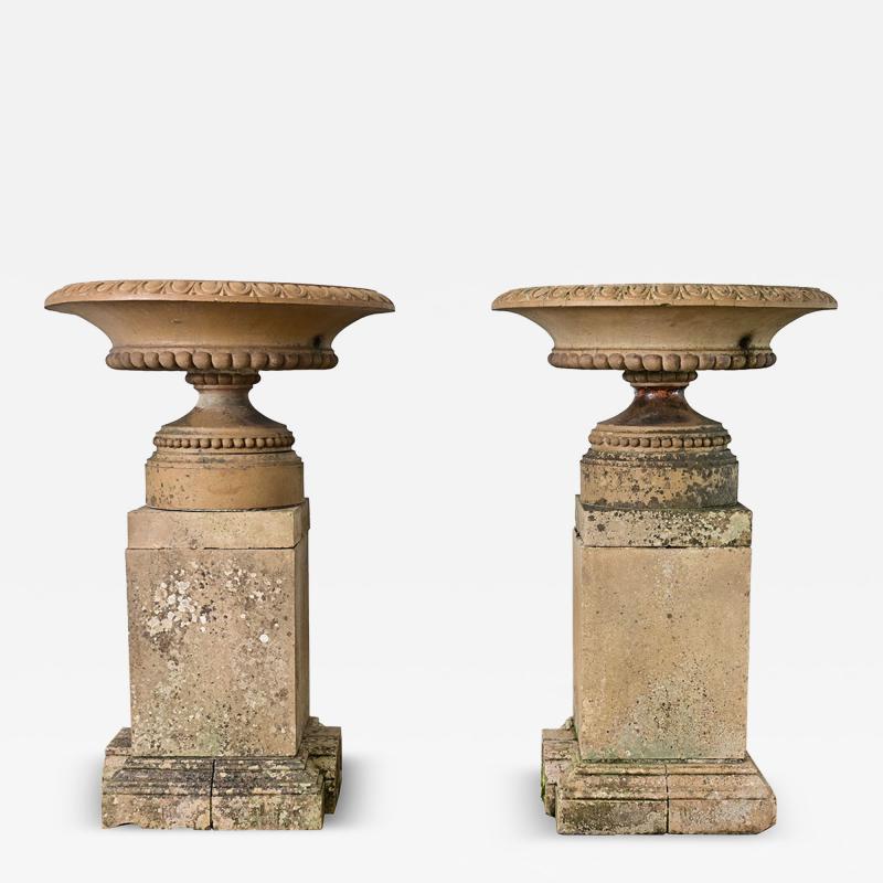 English Pair of 19th Century Carved Stone Garden Urns