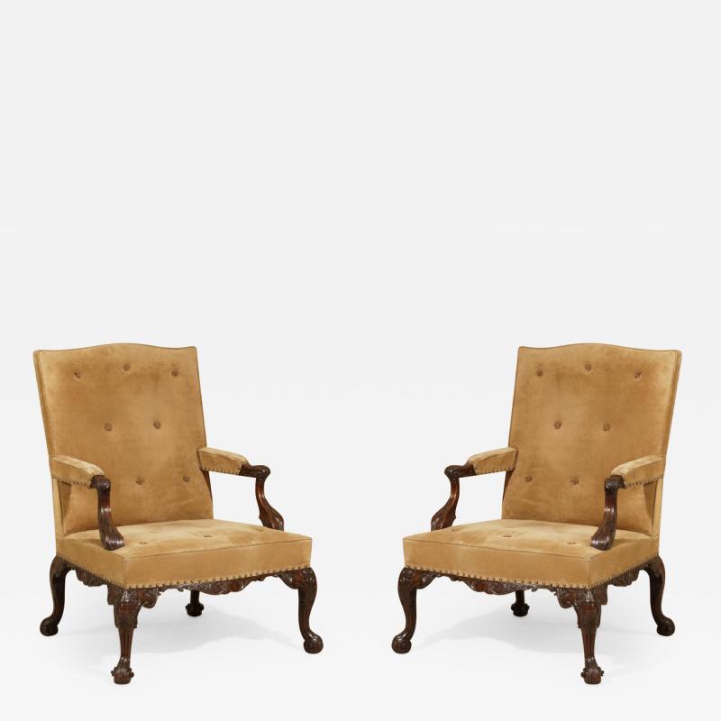 English Pair of Chippendale Period Library Gainsborough Chairs by Paul Saunders