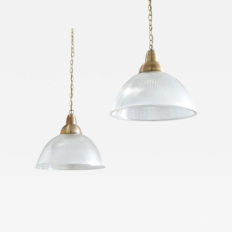 English Pair of Vintage Industrial Holophane Glass Pendants