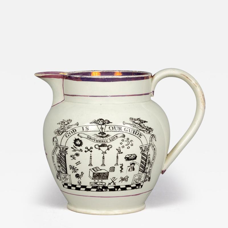 English Pearlware Pink Lustre Masonic Jug