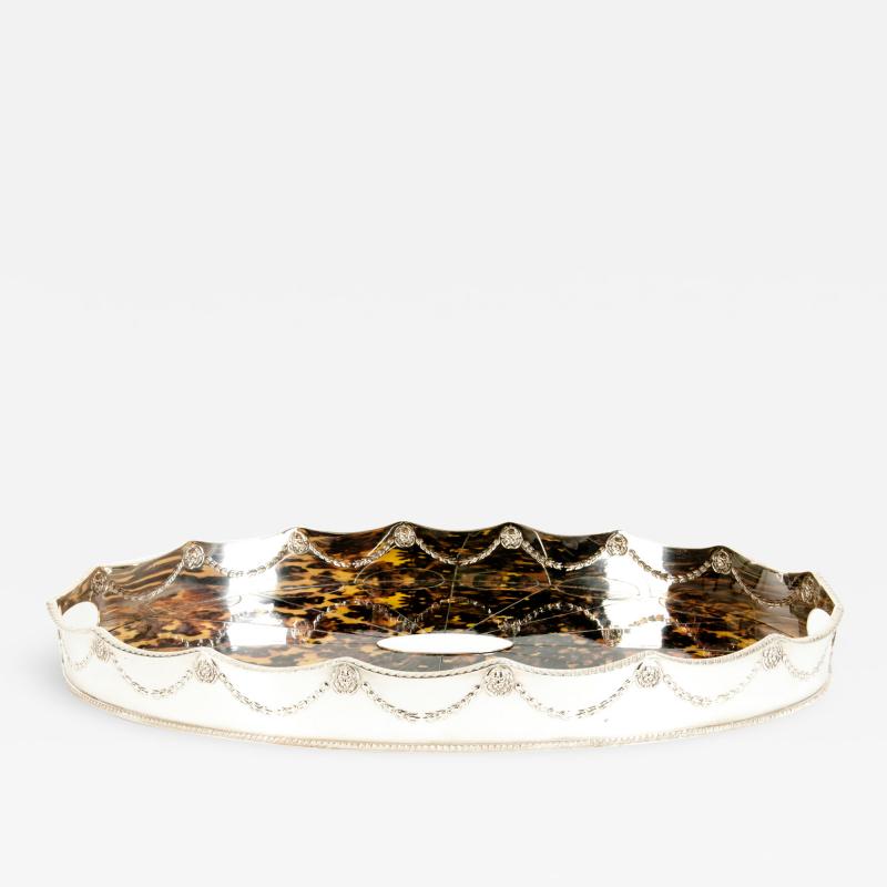 English Plated Tortoise Shell Interior Barware Footed Oval Tray