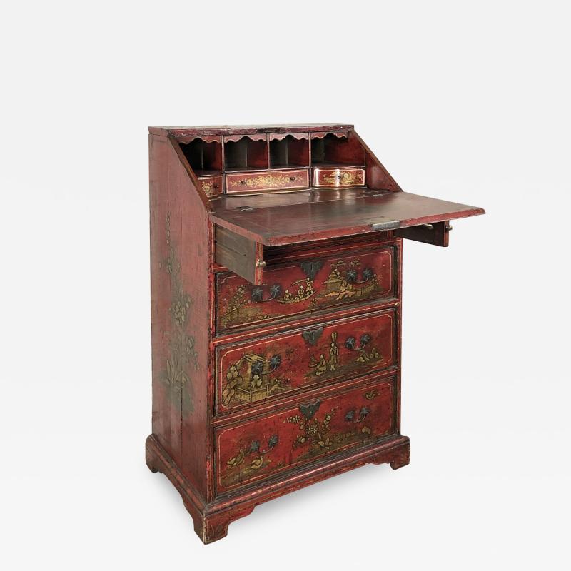 English Queen Anne Early 18th Century Red Chinoiserie Lacquer Desk Commode