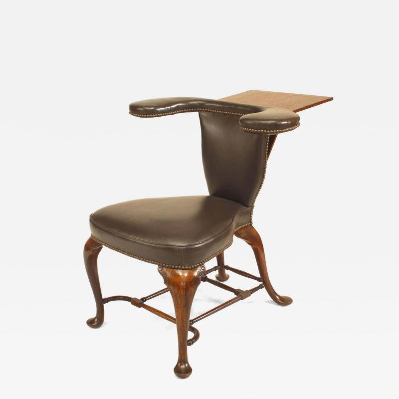 English Queen Anne Oak and Leather Reading Armchair