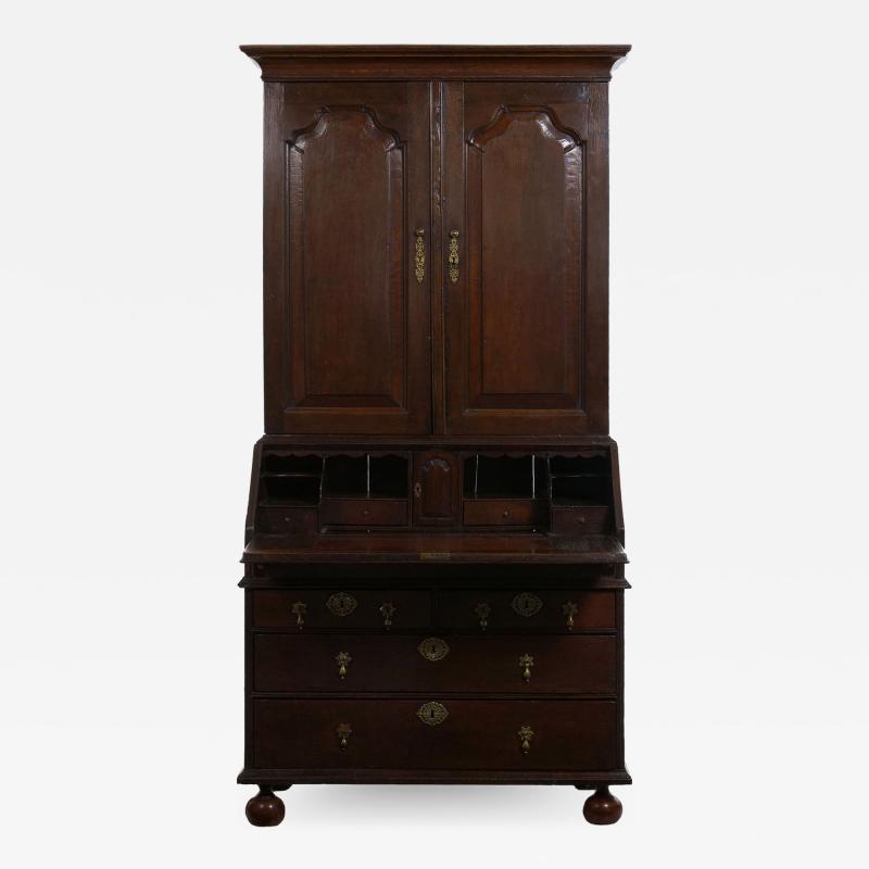 English Queen Anne Style Oak Antique Secretary Desk w Bookcase