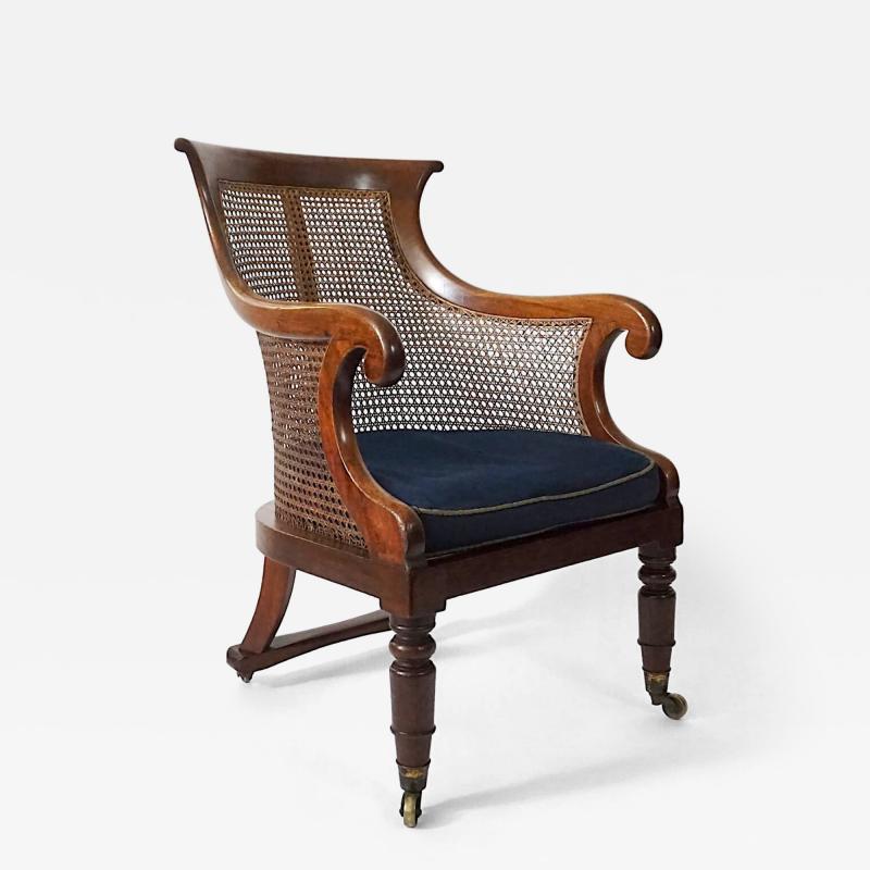 English Regency Caned Mahogany Armchair or Bergere of Unusual Form circa 1830