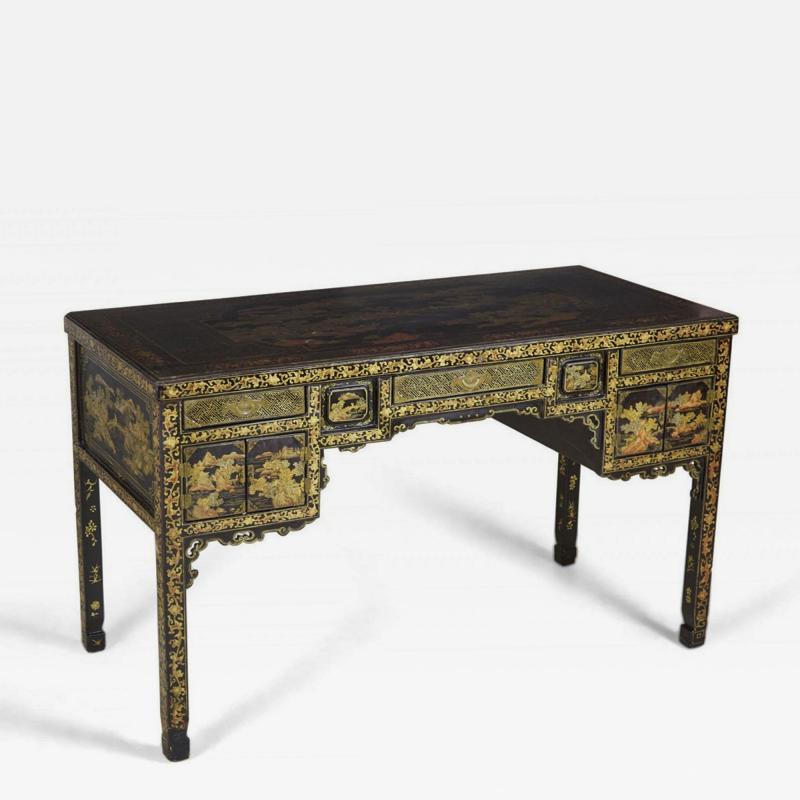 English Regency Chinese Export Gilt Black Lacquer Desk