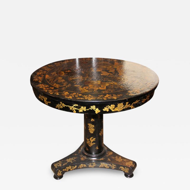 English Regency Chinoiserie Black and Parcel Gilt Lacquered Center Table