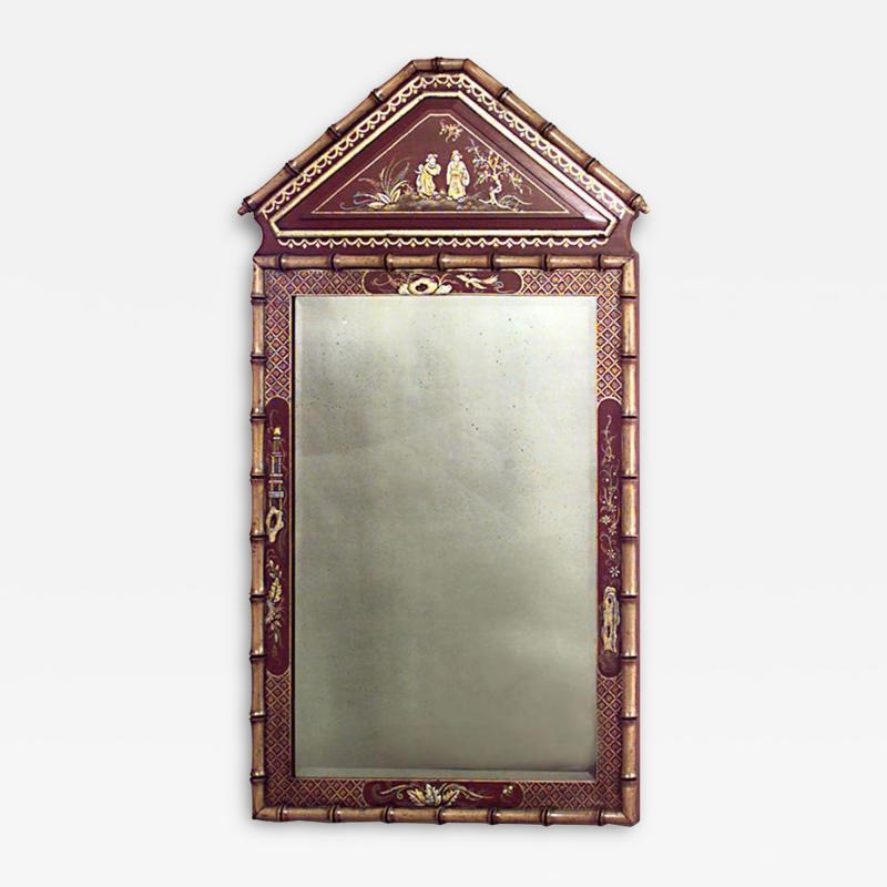 English Regency Chinoiserie Style Faux Bamboo Pediment Top Wall Mirror