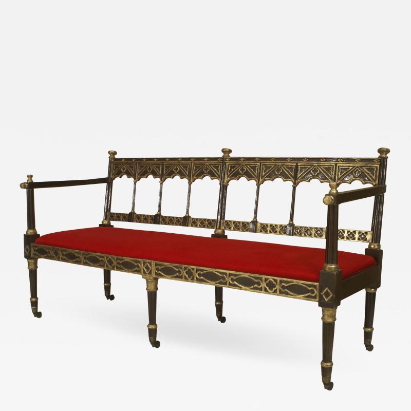 English Regency Lattice and Red Upholstered Settee