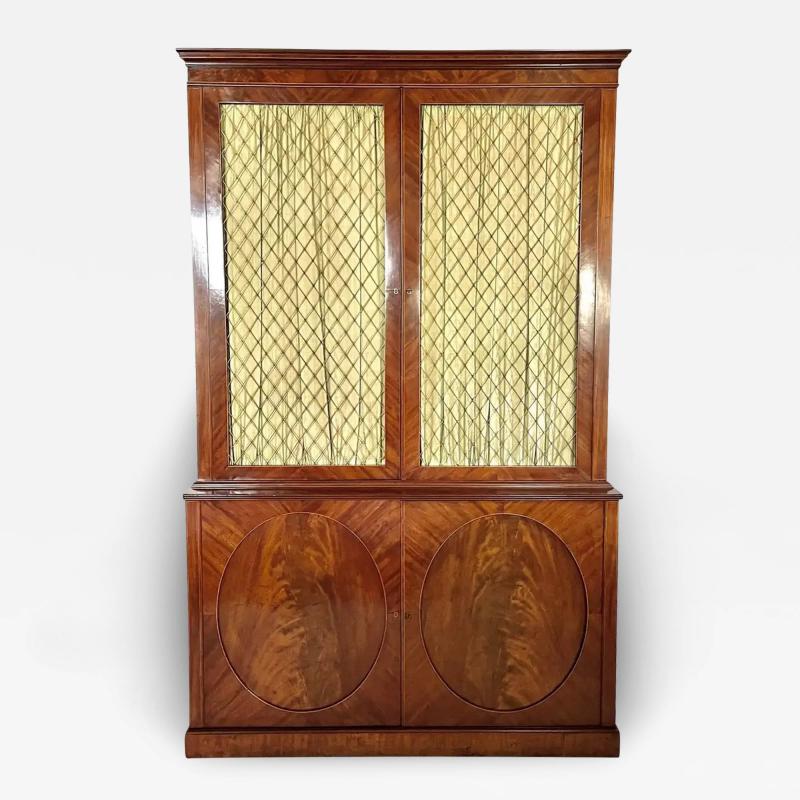 English Regency Mahogany and Satinwood Grille Door Press Cabinet