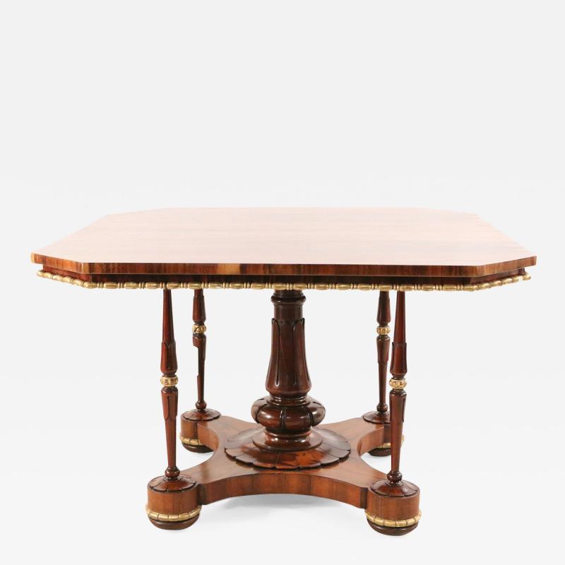 English Regency Octagonal Rosewood and Brass Trim Center Table