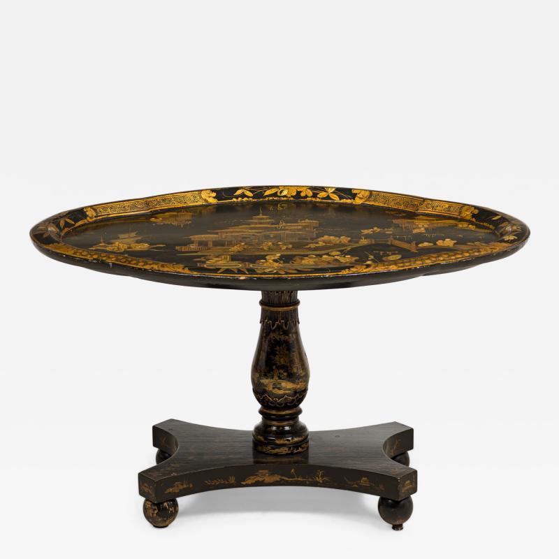 English Regency black lacq pedestal base coffee table with oval chinoiserie top