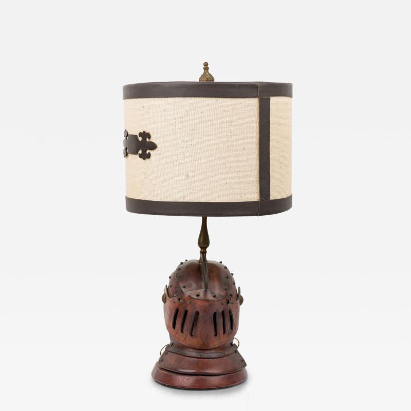 English Renaissance Style Novelty Brown Leather Knights Helmet Table Lamp