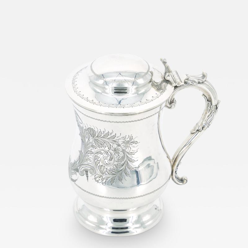 English Silver Plate Engraved Exterior Queen Anne Tankard