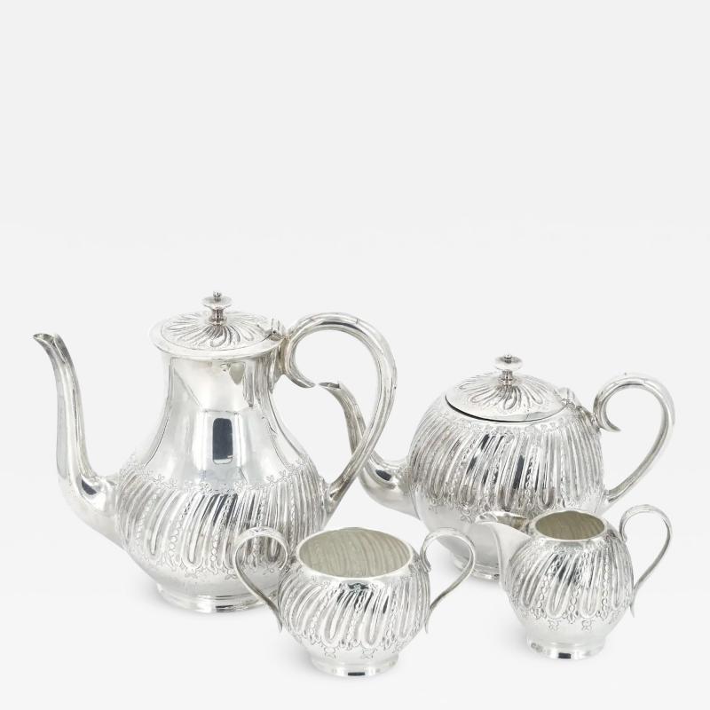 English Silver Plate Exterior Engraved Decorations Four Piece Tea Coffee Set