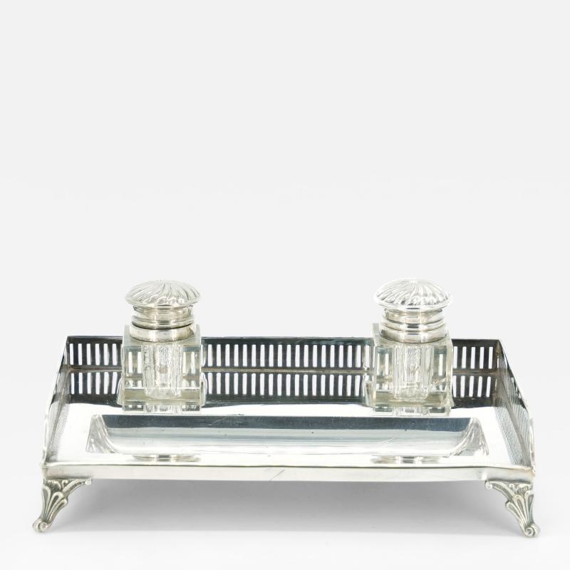 English Silver Plated Gallery Top Footed Holding Base Cut Glass Inkwell