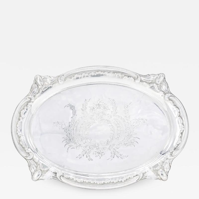 English Silver Plated Oval Shape Hand Decorated Interior Serving Tray