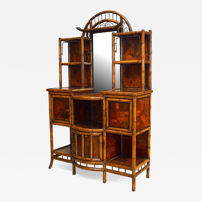 English Victorian Bamboo and Lacquer Trimmed Inlaid Bow Front Etagere