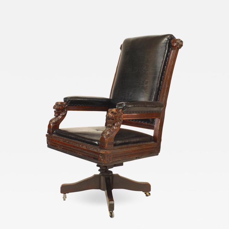 English Victorian Black Leather Swivel Chair