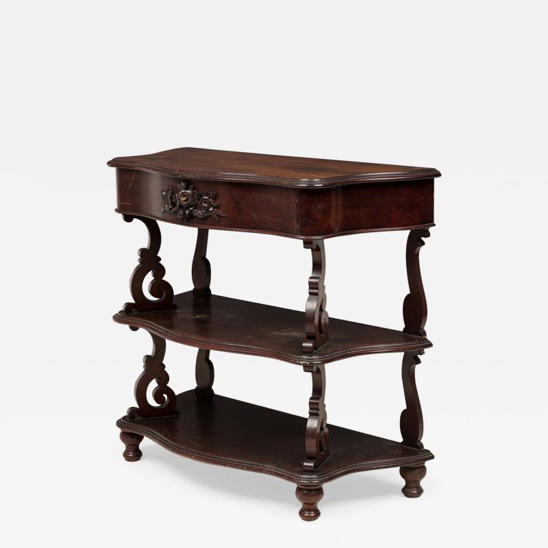 English Victorian Carved Wooden 3 Tiered Shaped Curio Console Table