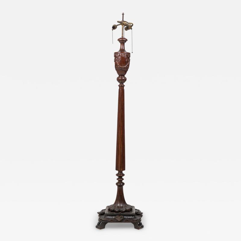 English Victorian Elaborately Carved Mahogany and Brass Floor Lamp